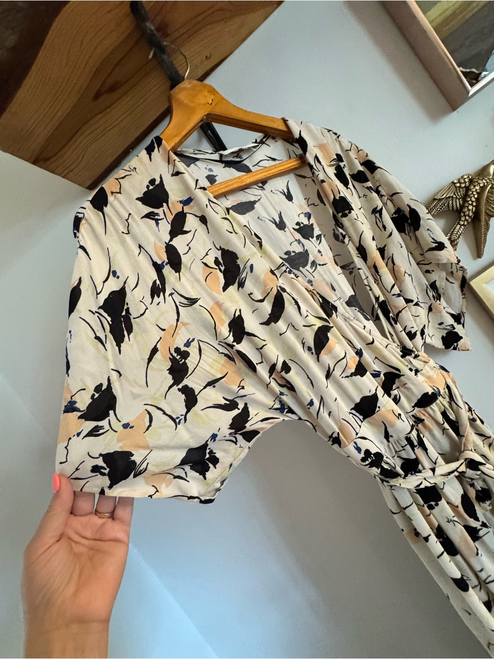 Anthropologie Cream Maxi Wrap Dress with Black and Peach Floral Print